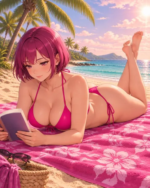 Caprisse, an adult anime companion lying on a floral towel reading a book