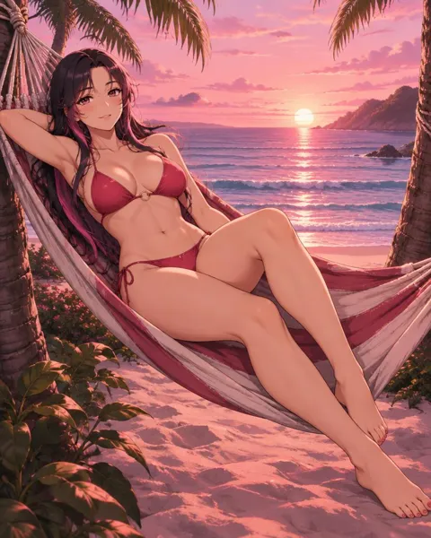 Dahlivra, an adult anime companion lounging in a striped hammock between palms at sunset