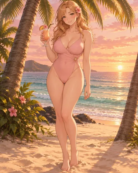 Meriqueth, an adult anime companion standing between two palms holding a peach cocktail