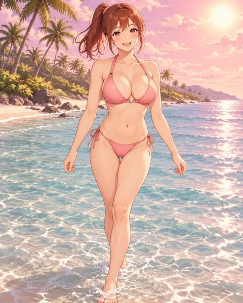 Oselyne, an adult anime companion walking through the shallow lagoon laughing
